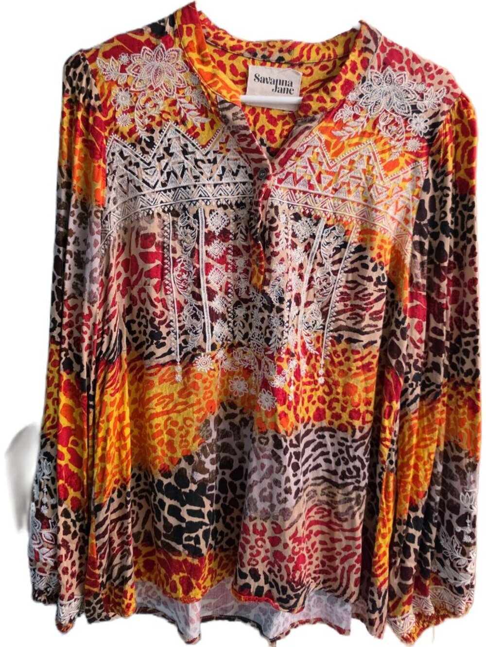 Savanna Jane Embroidered Animal Print Boho Top L